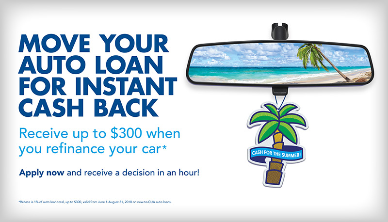 move your auto loan for cash back vertical ad for summer's on us credit union campaign