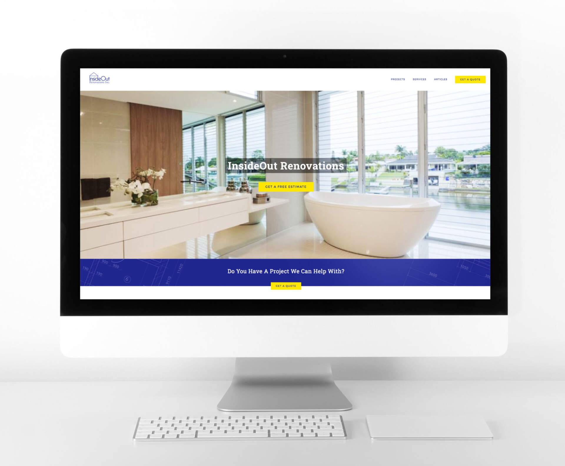 home renovations home page with large feature image mocked up on computer screen