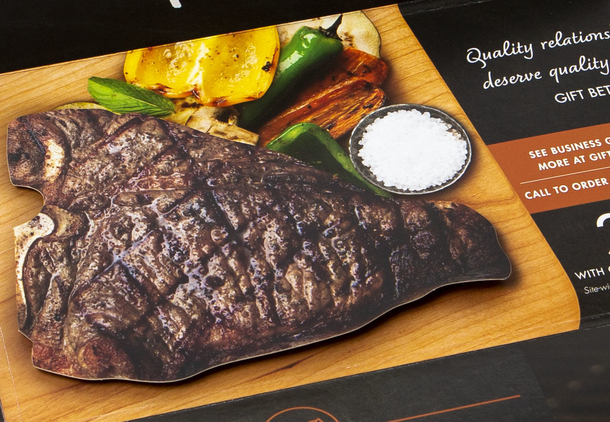 CP_Steak_Popup Popup business to business mailer with diecut steak on riser to add dimension